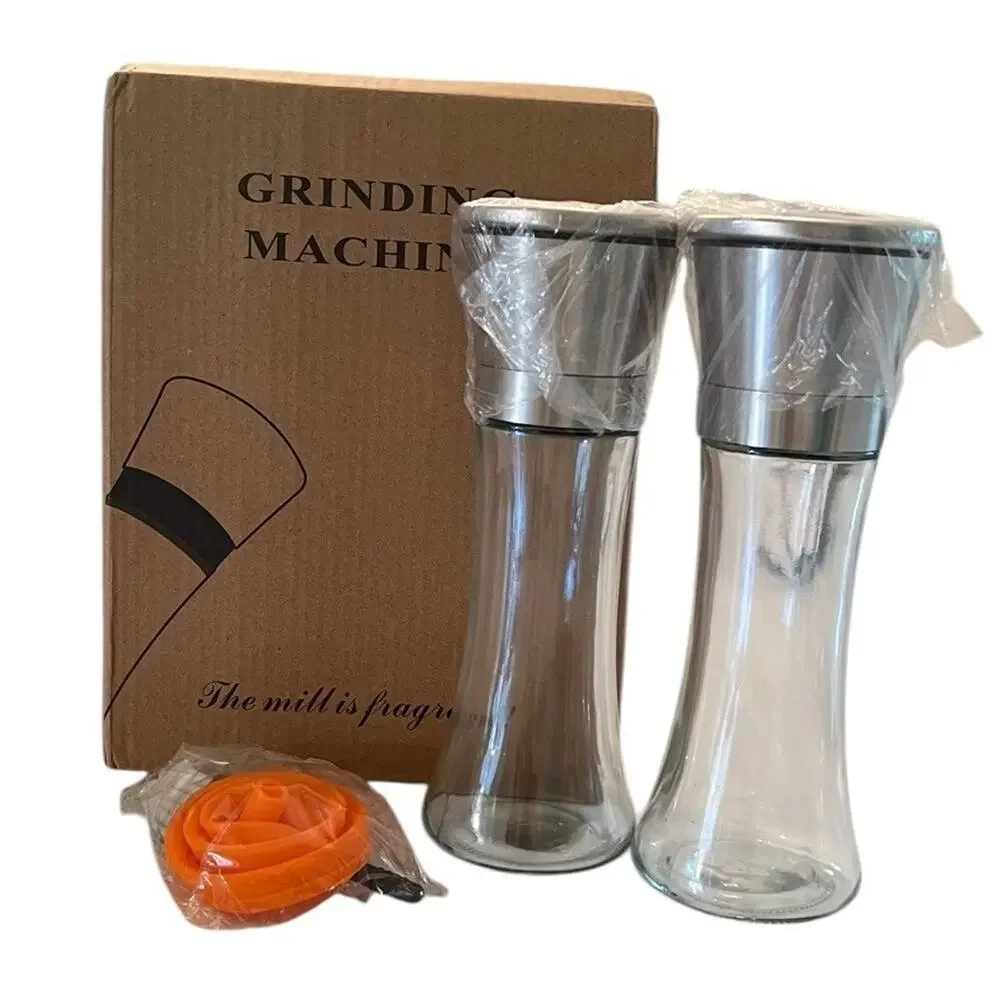 Salt & Pepper Grinder Set NEW IN BOX Clear Glass Containers Silver Top